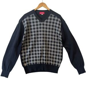 Marc Ecko Sweater Mens XL Gray Black Plaid V-Neck Long Sleeve Classic Pullover